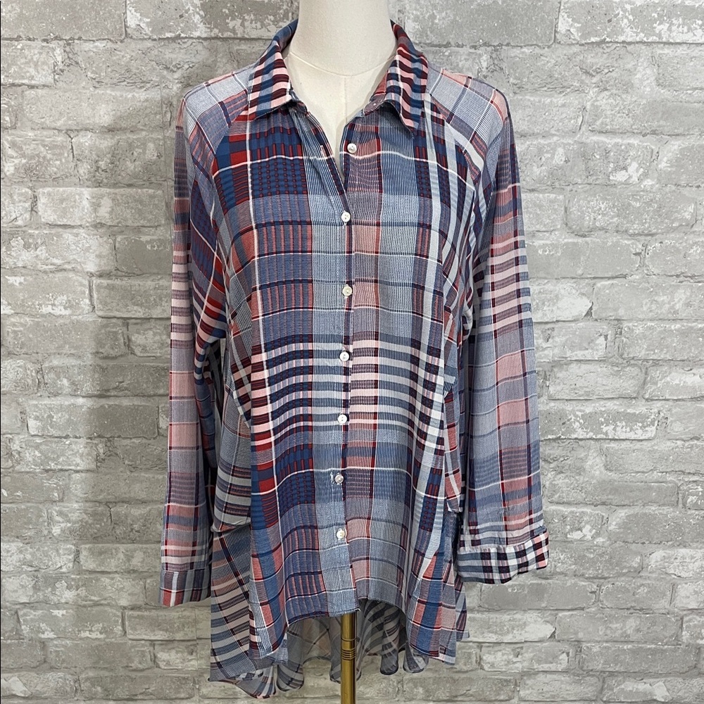 See and Be Seen button-front shirt in a red, white, and blue plaid pattern.